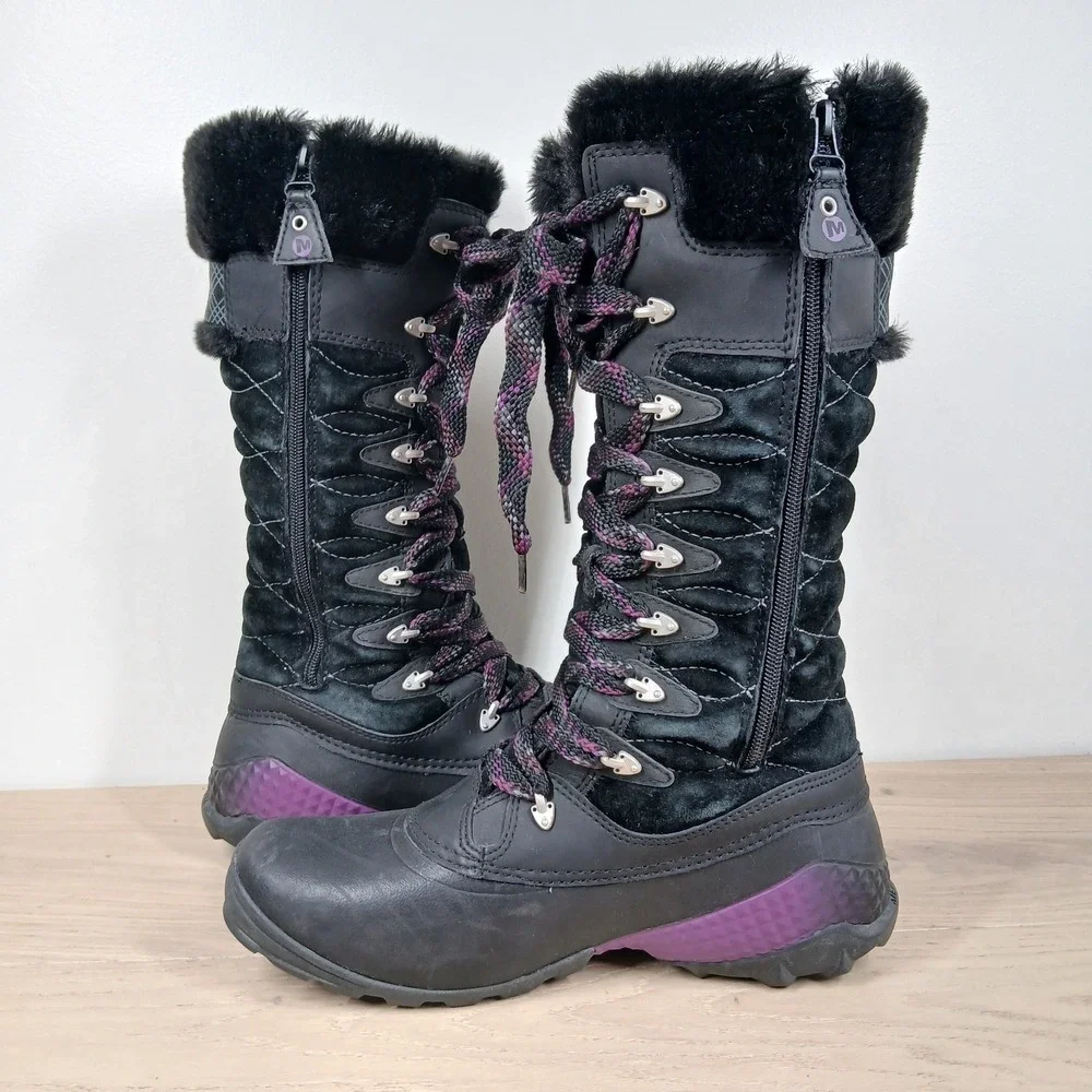 Merrell Winterbelle Peak Boots Women 9 Black Waterproof Fur Lace Up Hiking